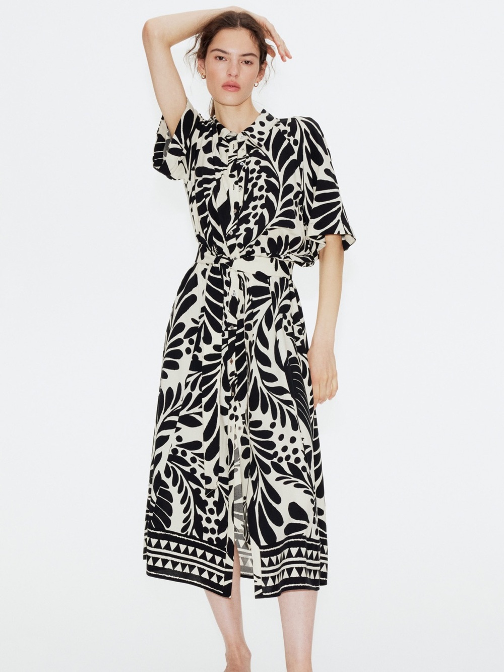 H&M Black and White Printed Button-Front Dress